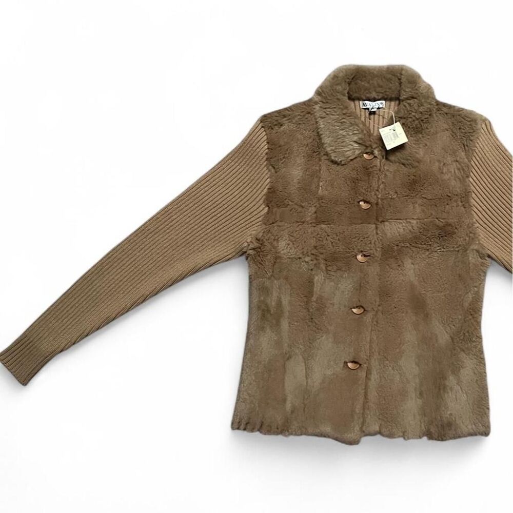 NWT rare vintage Genuine Tan Rabbit Fur collared jacket w cotton rib knit. M.